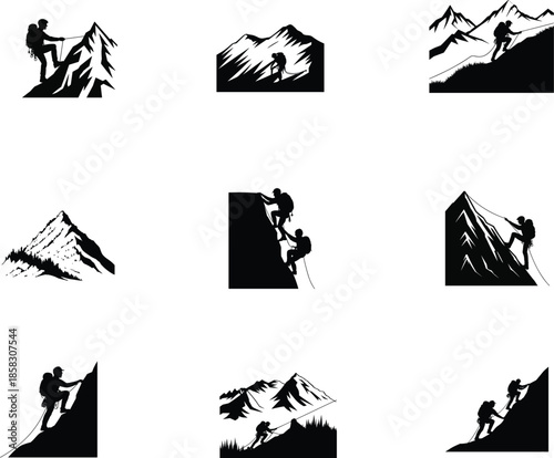 Mountain climbing adventure silhouette illustration set mountaineering hiking teamwork extreme sport outdoor expedition black isolated design collection