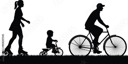 Black silhouette vector illustration of a family including a mother rollerblading, child on a tricycle, and father riding a bicycle.