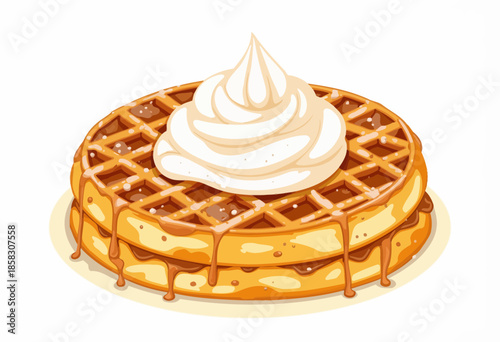 Golden Crispy Waffle Topped with a Generous Dollop of Whipped Cream Drizzled with Sweet Syrup, Offering a Delicious Breakfast Indulgence