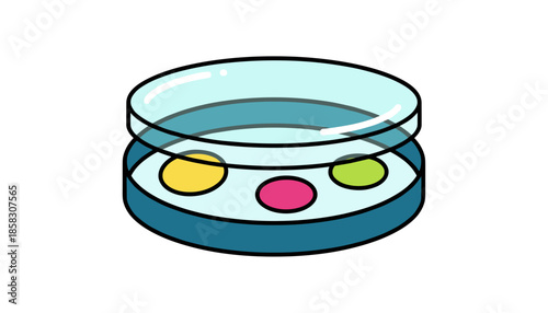 Laboratory petri dish with colored samples isolated on white background, microbiology research concept