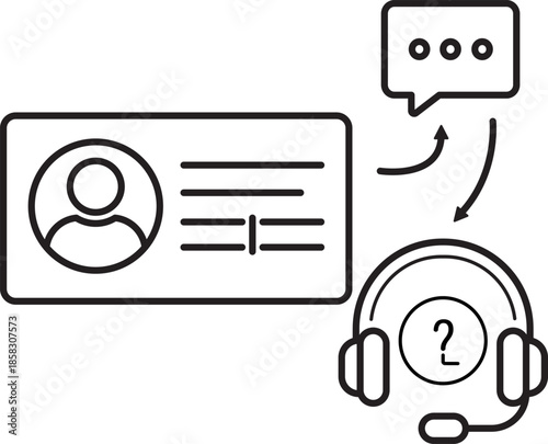 Minimalist outline UI icon of a customer support assistance flow, connecting user profile to chat bubble and helpdesk headset, representing account help, contact support, and troubleshooting for apps.