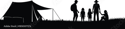 Black silhouette vector illustration of a family with children and a backpacker standing near a tent in a field.