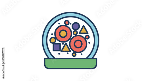 Laboratory petri dish with geometric cell symbols isolated on white background, abstract biology concept