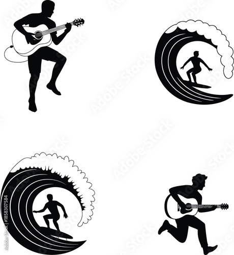 Musician and surfer silhouette illustration set guitar player action surfing wave extreme sport music lifestyle black design