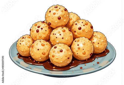 A delectable stack of golden, crispy croquettes drizzled with a rich, velvety sauce, tempting the taste buds with their crunchy exterior and savory core.