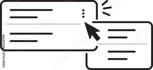 Minimalist interactive card UI icon with cursor click highlight, layered panels, and hover indication on a white background, representing web app interactions, card-based layout, and SaaS dashboard.