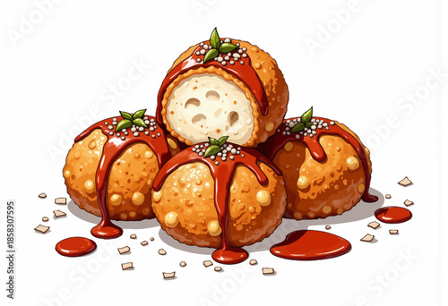 Delectable Golden Fried Cheese Balls Drizzled with Rich Flavorful Sauce and Garnished with Fresh Herbs for an Appetizing Snack Delight