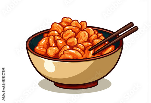 Illustrated Bowl of Vibrant Glazed Orange Chicken with Wooden Chopsticks Resting Elegantly on Edge of Traditional Ceramic Asian Serving Dish