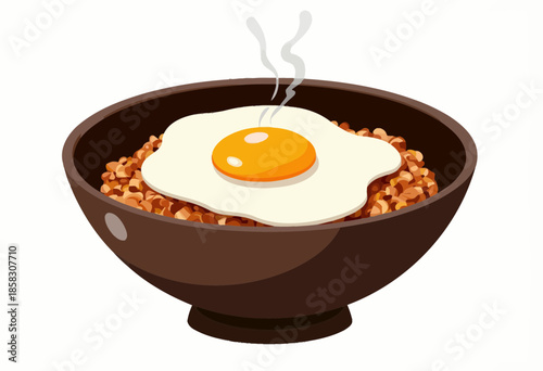 Steaming Bowl of Crispy Fried Rice Topped with a Perfectly Cooked Sunny Side Up Egg