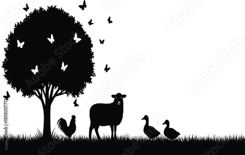 Black Silhouette of Farm Animals Including Sheep Rooster and Ducks Standing on Grass Under a Tree with Flying Butterflies for Countryside Concepts