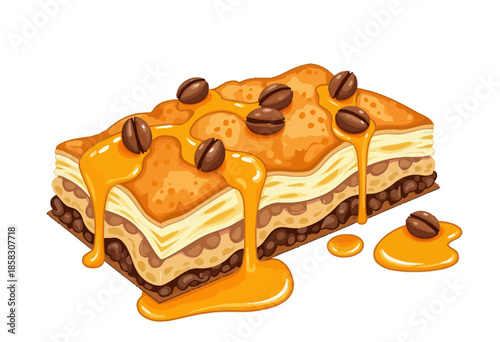 Delectable Caramel Drizzled Dessert with Coffee Bean Garnish on Multi-layered Pastry Delicacy Offering Rich and Decadent Taste Experience