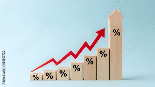 Rising housing interest rates represented by wooden blocks and upward arrow