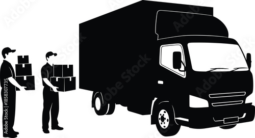 Black silhouette vector of delivery workers carrying stacked cardboard boxes to a modern transport truck for logistics and moving service concepts.