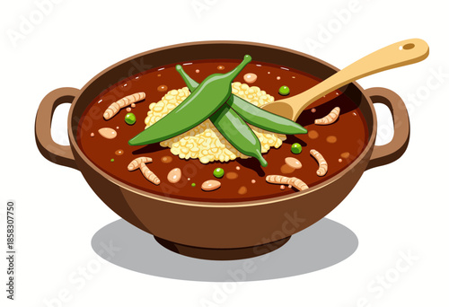 Exotic culinary dish featuring a rich, spicy stew with green peppers, grains, and protein-rich insects, offering a unique and adventurous tasting experience