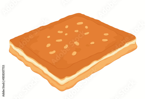 Illustration of a Crunchy, Multi-layered Biscuit with Caramel and Nut Pieces on Top, Showcasing a Delicious Blend of Texture and Flavors in a Rectangular Shape