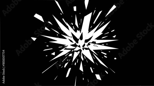 Abstract white geometric shards exploding outwards on a black background, creating a dynamic shattered effect.
