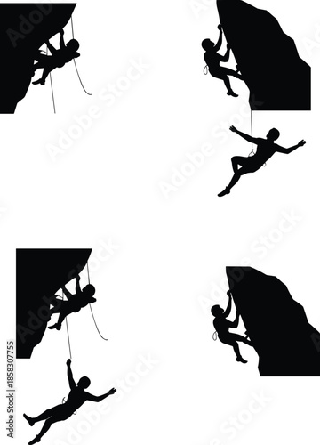 Rock climbing people silhouette illustration set extreme sport mountaineering rappelling adventure action black isolated design collection