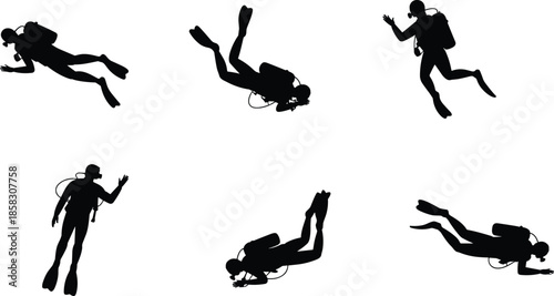 Scuba diver silhouette illustration set underwater diving sport oxygen tank swimming adventure exploration black isolated design collection
