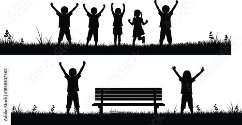 Black silhouette vector of happy children with arms raised celebrating in a grassy field with a wooden park bench background.