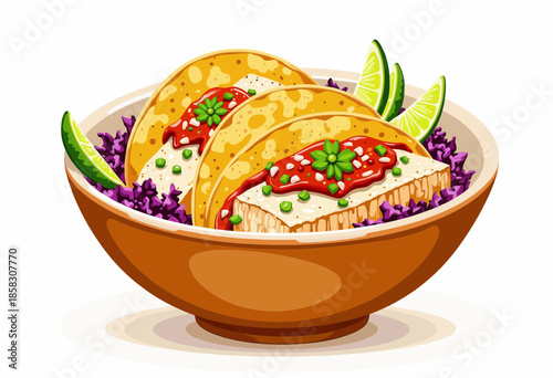 Illustration of Delicious Tacos with Crispy Shells, Fresh Vegetables, and Garnishes in a Vibrant Bowl Enhancing the Overall Colorful Culinary Presentation