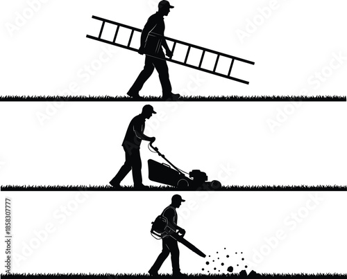 Black silhouette vector of male workers performing garden maintenance tasks including carrying a ladder, mowing the lawn, and using a leaf blower.