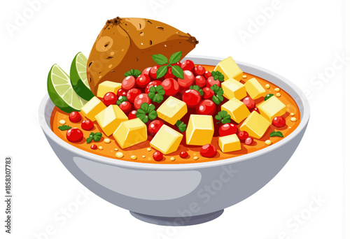 Illustration of a vibrant bowl of vegetarian curry with tofu cubes, fresh tomatoes, herbs, lime wedges, and crusty bread on a white background