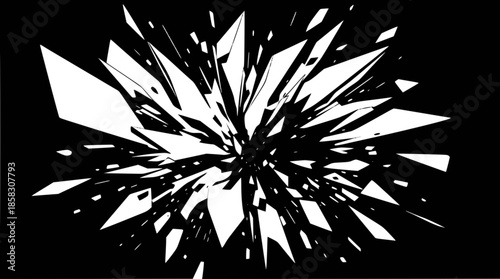 Abstract illustration of white shattered fragments exploding outwards on a stark black background, creating a dynamic and impactful visual effect.