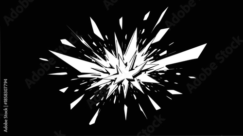 Abstract white shattered glass or explosion effect on a solid black background, dynamic graphic element.