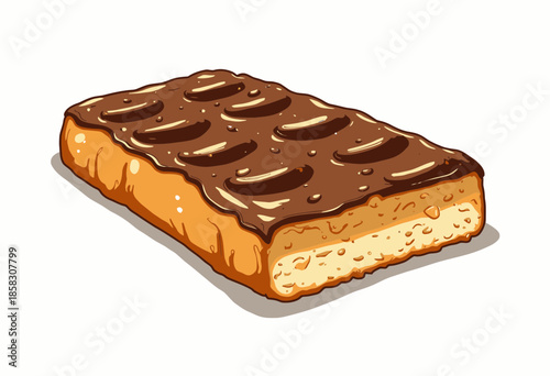 Illustration of a Delicious Chocolate-Covered Cookie Bar with a Crisp, Golden Biscuit Base and Smooth Topping on a Plain White Background
