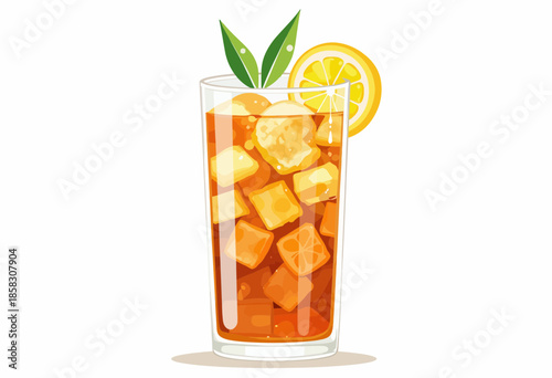 Refreshing Iced Tea with Lemon and Mint Leaves in a Tall Glass with Ice Cubes, Capturing a Summer Vibe and Cool Beverage Refreshment