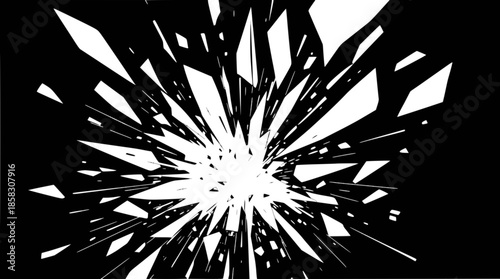 Abstract black and white image depicting a central explosion of sharp, fragmented white shards radiating outwards on a dark background.