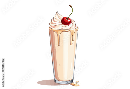 Illustration of a Delicious Vanilla Milkshake with Whipped Cream Topping and Cherry on Top Overflowing in a Tall Glass