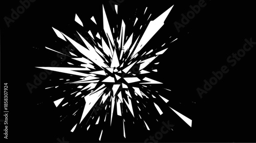 Abstract graphic of white sharp fragments exploding outwards against a solid black background, resembling shattered glass or a burst of energy.