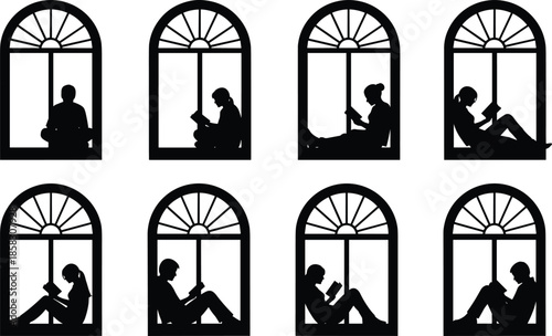 Black silhouette vector set of various people sitting in arched windows reading books for education, literacy, and quiet relaxation concepts.