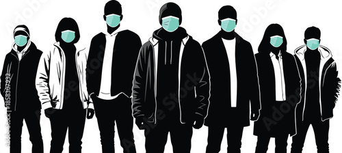 Black Silhouettes of a Diverse Group of People Wearing Protective Face Masks Representing Public Health Safety Pandemic Prevention and Social Responsibility