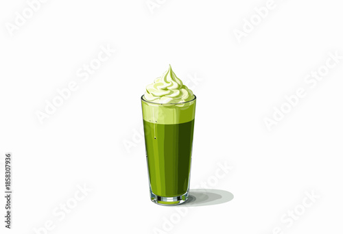 Refreshing Green Smoothie Topped with Creamy Swirl in a Clear Glass on a White Background for Healthy Living and Nutritional Boost