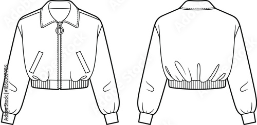 Women cropped bomber jacket technical illustration, front and back view fashion design template, zip short outerwear outline isolated
