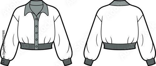 Women cropped button jacket technical illustration, front and back view fashion design template, casual short outerwear outline isolated