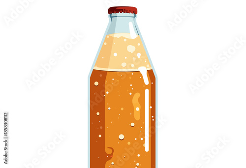 Sparkling amber-colored soda bottle with carbonated bubbles rising inside transparent glass, sealed with a red cap against a plain white background