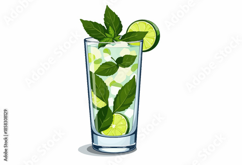 Refreshing Lime and Mint Infused Water in a Tall Glass with Ice Cubes Illustrates a Perfect Summer Beverage for Hydration and Relaxation