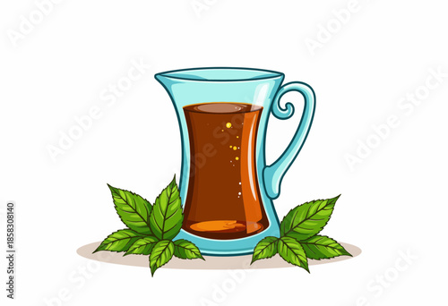 Refreshing Beverage Illustration of a Glass Jug Filled with Iced Tea Surrounded by Fresh Mint Leaves Depicting a Summer Thirst-Quenching Drink Scene
