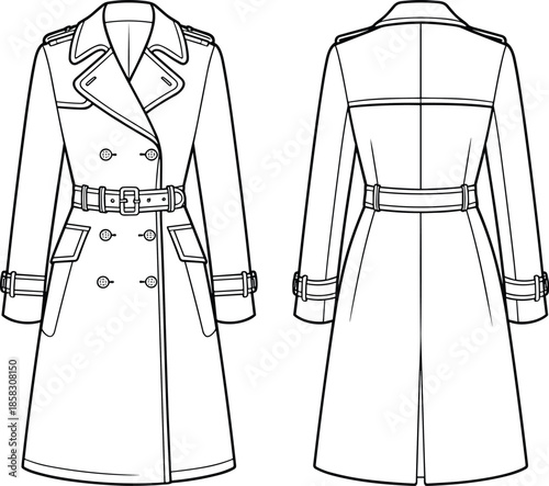 Women trench coat fashion technical drawing front back view long sleeve double breasted belted waist outerwear apparel illustration vector outline