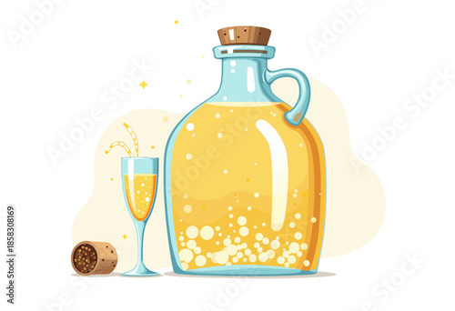 Illustration of a Large Glass Jug and Flute Filled with Bubbling Sparkling Beverage with Cork and Fizzy Effervescence on Light Background