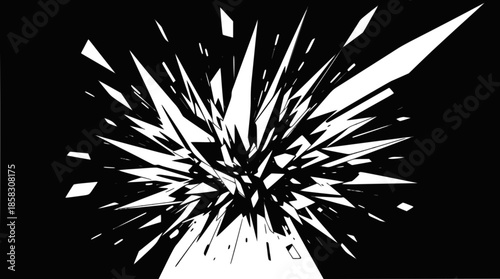 A dynamic abstract illustration of white sharp fragments exploding outwards on a black background, creating a shattered glass effect.