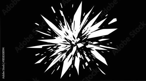 Abstract white explosion with sharp, shattered fragments radiating outwards on a stark black background, creating a dynamic visual effect.