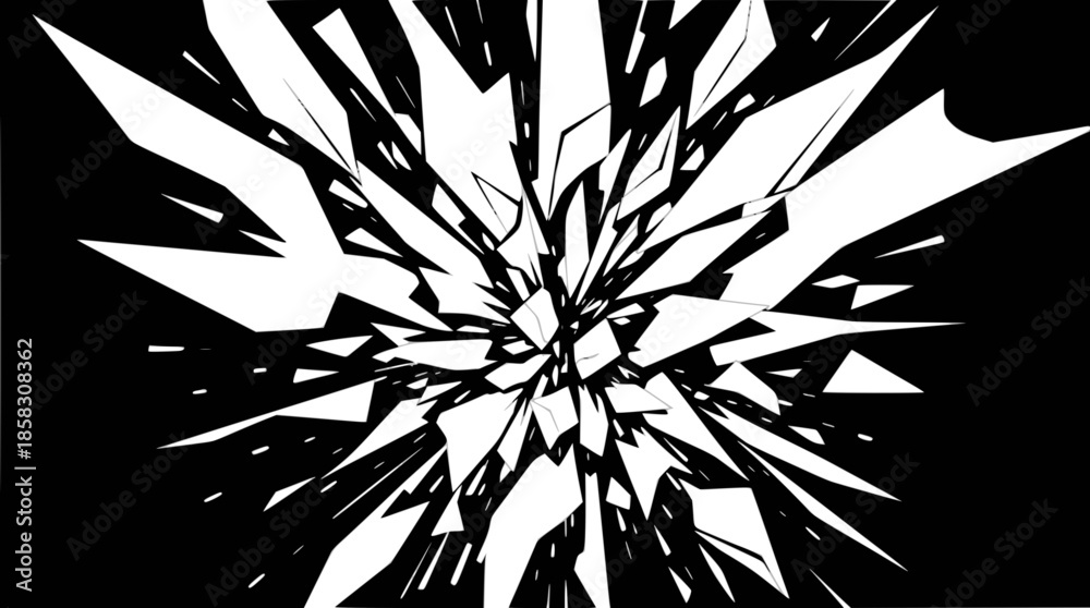 Obraz premium Abstract white shards exploding outwards on a black background, creating a dynamic shattered glass effect.