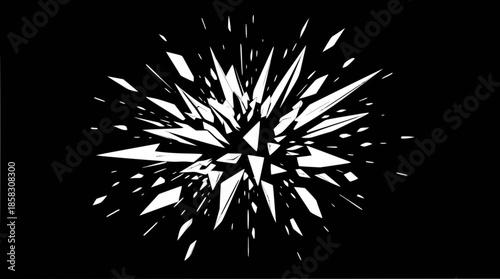 A dynamic abstract illustration of white shards exploding outwards on a solid black background, creating a shattered glass or burst effect.