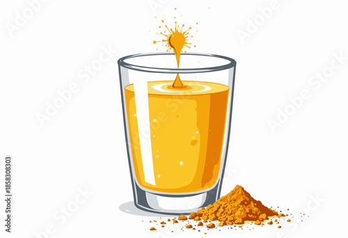 Vibrant Turmeric Juice Splashing into a Glass with a Mounded Heap of Turmeric Powder on a White Background