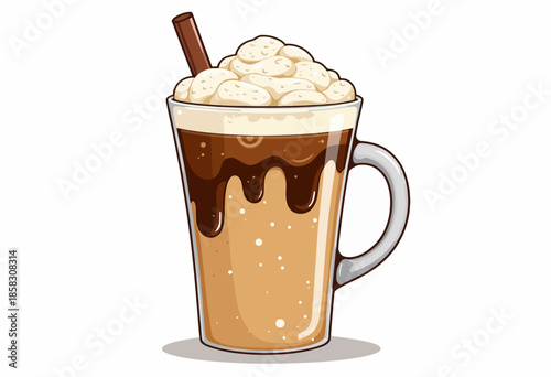 Illustration of a frothy iced coffee in a transparent glass mug topped with whipped cream and a cinnamon stick, showing refreshing cold beverage appeal