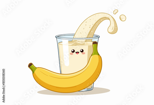 Charming Cartoon Illustration of a Fresh Banana Smoothie with a Smiling Face Splash and Whole Banana for Wholesome and Fun Refreshment